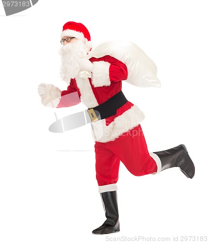 Image of man in costume of santa claus with bag