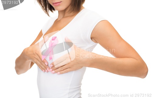 Image of woman with pink cancer awareness ribbon