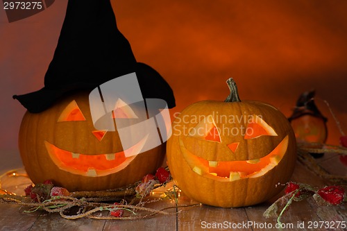 Image of close up of pumpkins on table