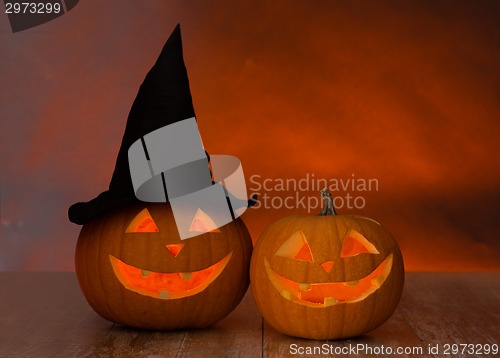 Image of close up of pumpkins on table