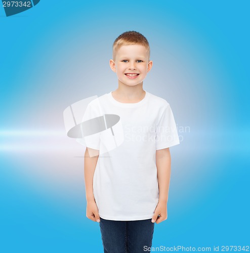 Image of smiling little boy in white blank t-shirt