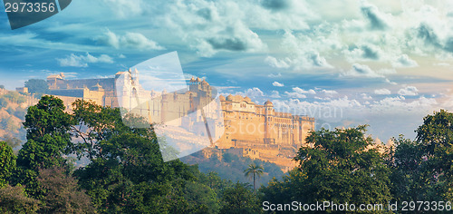 Image of India landmarks - panorama with Amber fort. Jaipur city