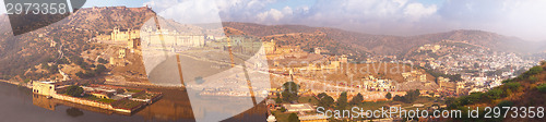 Image of Indian landmarks - panorama with Amber fort, lake and the city. 