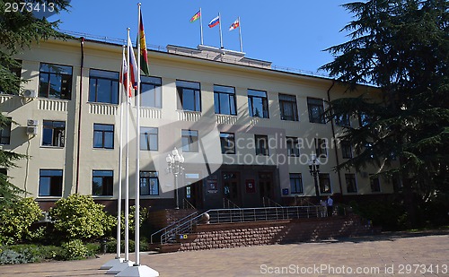 Image of City administration of Sochi, with flags in front
