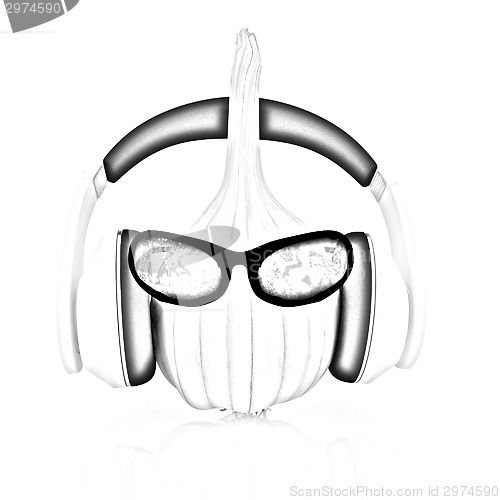 Image of Head of garlic with sun glass and headphones front "face"