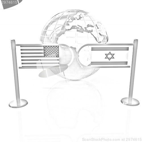 Image of Three-dimensional image of the turnstile and flags of America an