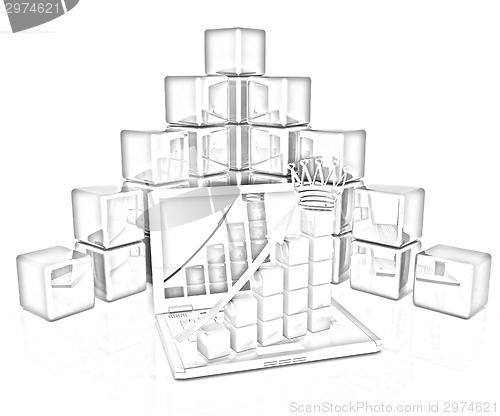 Image of A laptop and cubic diagramatics structure. Concept of online bus