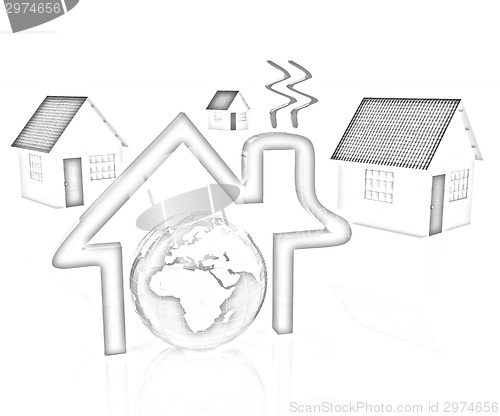 Image of 3d green house, earth and icon house on white background 