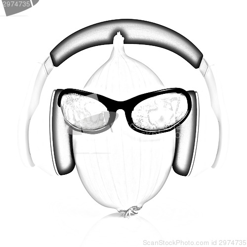 Image of Ripe onion with sun glass and headphones front "face"