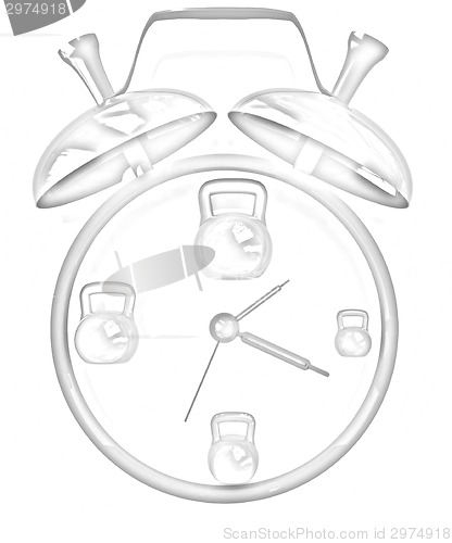 Image of Alarm clock icon with kettlebells. Sport concept 