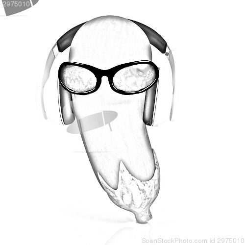 Image of eggplant  with sun glass and headphones front "face"