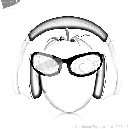 Image of tomato with sun glass and headphones front "face"