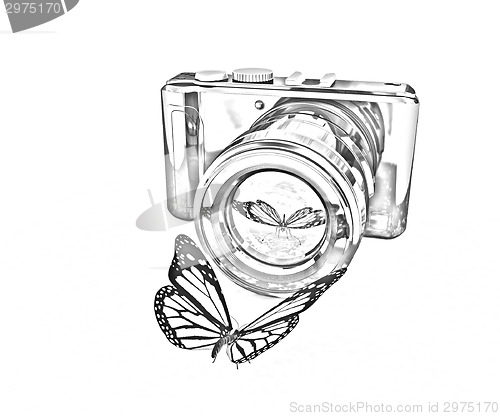 Image of 3d illustration of photographic camera and butterfly