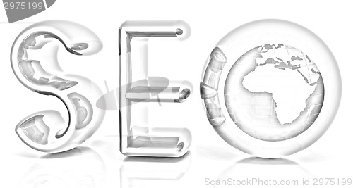 Image of Blue metallic text 'SEO' with earth globe, symbol. 3d illustrati