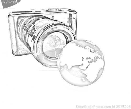 Image of 3d illustration of photographic camera and Earth