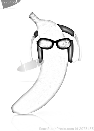 Image of banana with sun glass and headphones front "face"