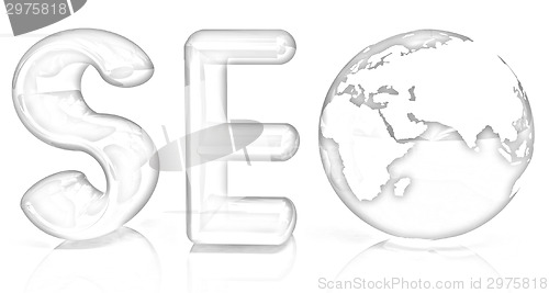 Image of 3d illustration of text 'SEO' with earth globe, symbol
