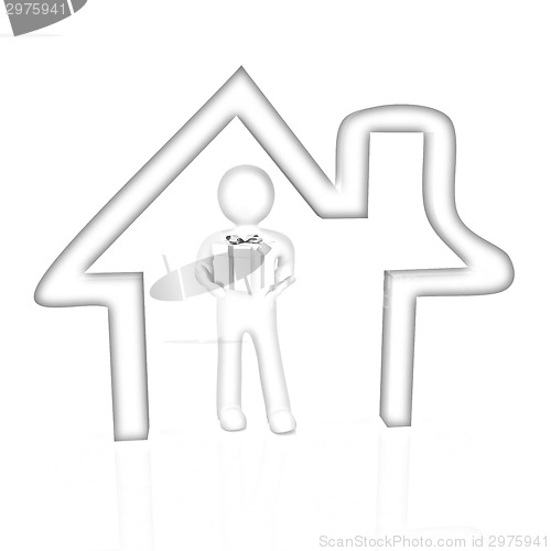 Image of Presentation of new house. 3d man holds the gift, and is within 