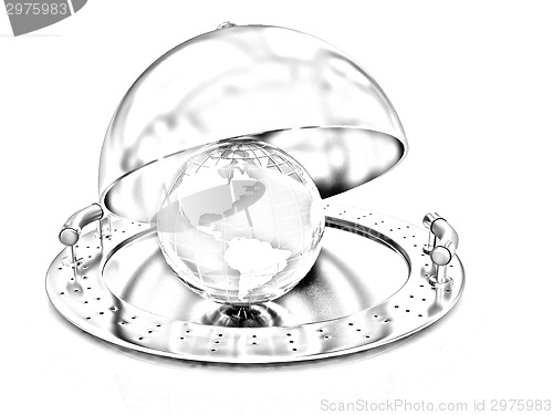 Image of Earth globe on glossy golden salver dish under a golden cover