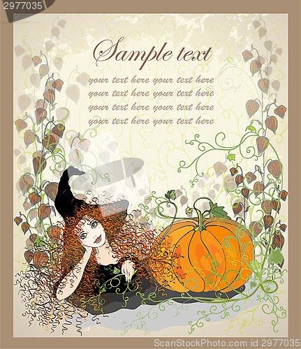 Image of Halloween witch. Greeting card with witch and pumpkin.