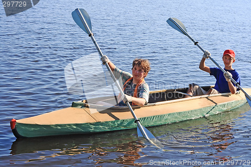 Image of Two boys on a kayak