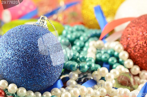 Image of blue and red christmas balls with diamonds set, new year decoration