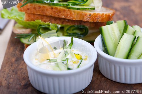 Image of fresh vegetarian sandwich with garlic cheese dip salad