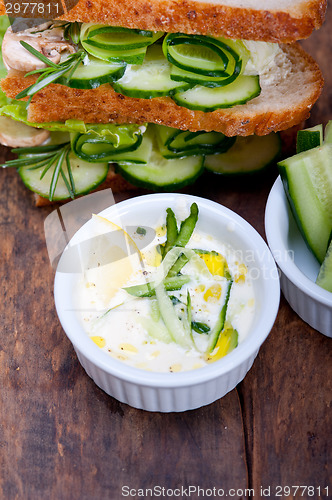 Image of fresh vegetarian sandwich with garlic cheese dip salad