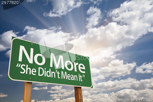 Image of No More - She Didn't Mean It Green Road Sign