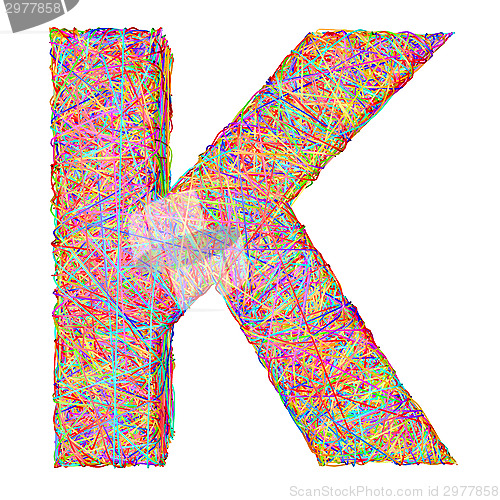 Image of Alphabet symbol letter K composed of colorful striplines