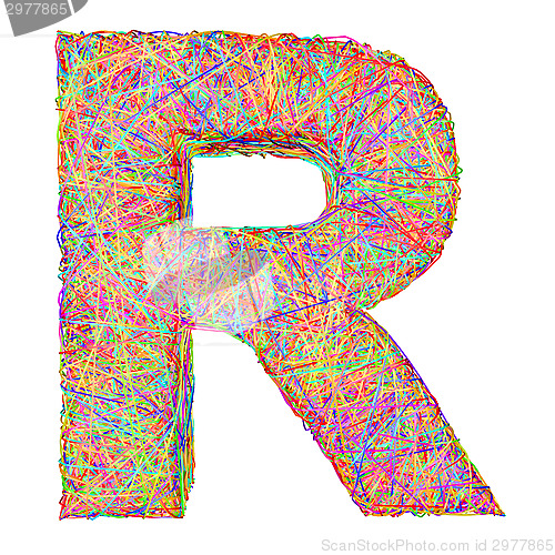 Image of Alphabet symbol letter R composed of colorful striplines