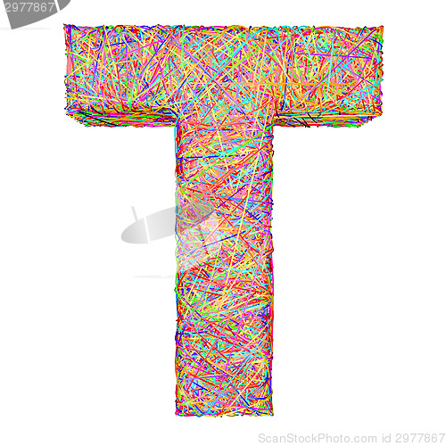 Image of Alphabet symbol letter T composed of colorful striplines
