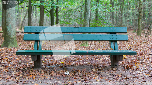 Image of Wooden park bench in a forrest