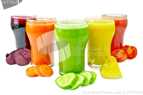 Image of Juice vegetable in five glasses with vegetables