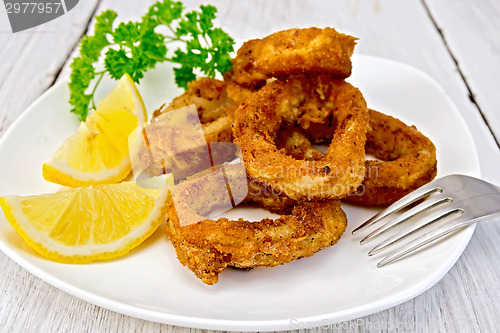 Image of Calamari fried with lemon on plate