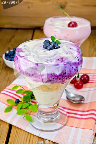 Image of Dessert milk with cherry and blueberries on napkin