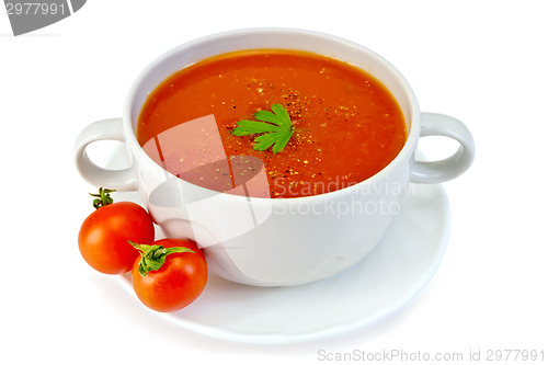 Image of Soup tomato in white bowl with tomatoes