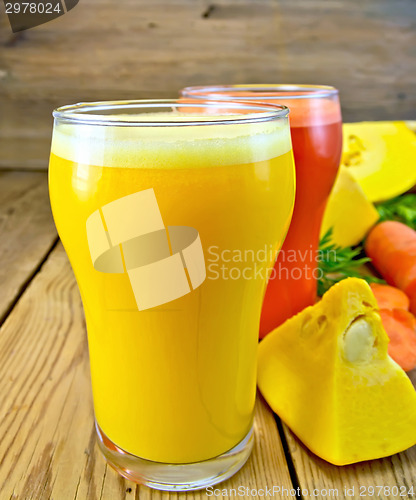 Image of Juice pumpkin and carrot with vegetables on board