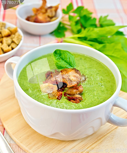 Image of Soup puree with bacon and croutons on tablecloth