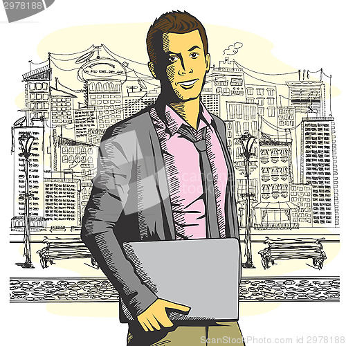 Image of Vector man with laptop in his hands