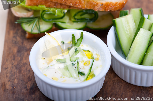 Image of fresh vegetarian sandwich with garlic cheese dip salad