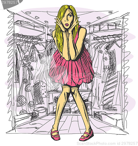 Image of Vector Surprised Blonde in Pink Dress