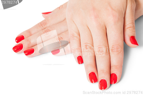 Image of Woman with beautiful manicured red fingernails