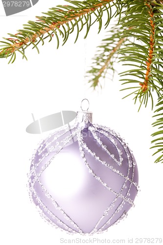 Image of Christmas ball hanging from a branch of a fir tree