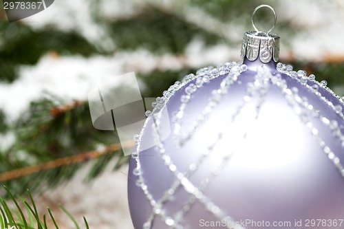 Image of Silver Christmas ornaments in leaves