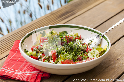 Image of Bowl of Marinated Greek Salad with Red Napkin