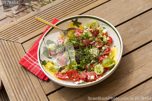 Image of Bowl of Marinated Greek Salad with Red Napkin