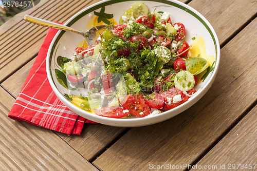 Image of Bowl of Marinated Greek Salad with Red Napkin