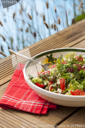 Image of Bowl of Marinated Greek Salad with Red Napkin