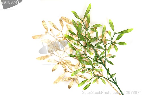 Image of green and gold christmas mistletoe background